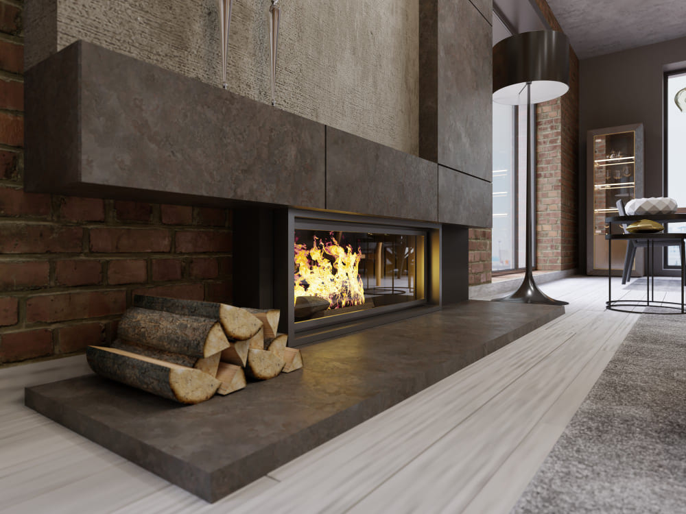 Moderner Designkamin mit Holzlager